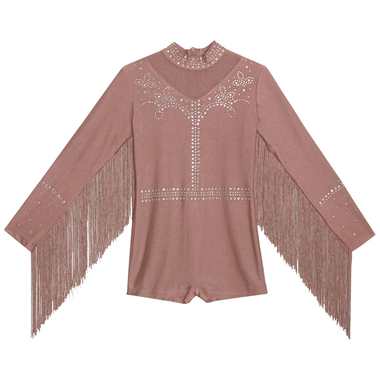 Girls Leotards Jumpsuit for Jazz Latin Skating Competition Costume Tassels Long Sleeve Rhinestones Bodysuit Modern Dancewear