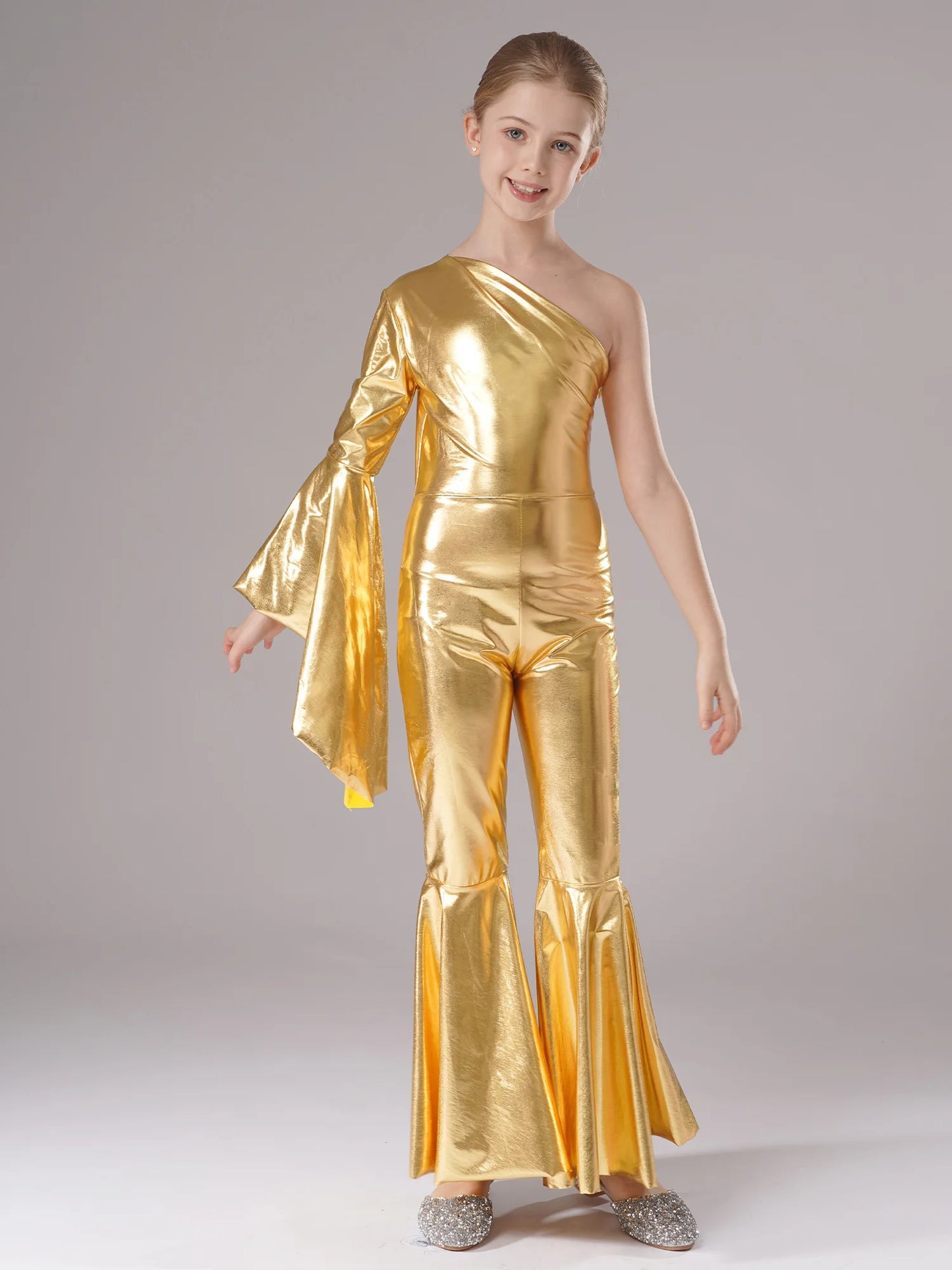 Shiny Halloween Hippie Costume for Kid Girls Sleeveless Sequins Tassels Disco Outfit 70s 80s Prom Flare Jumpsuit Party Costume
