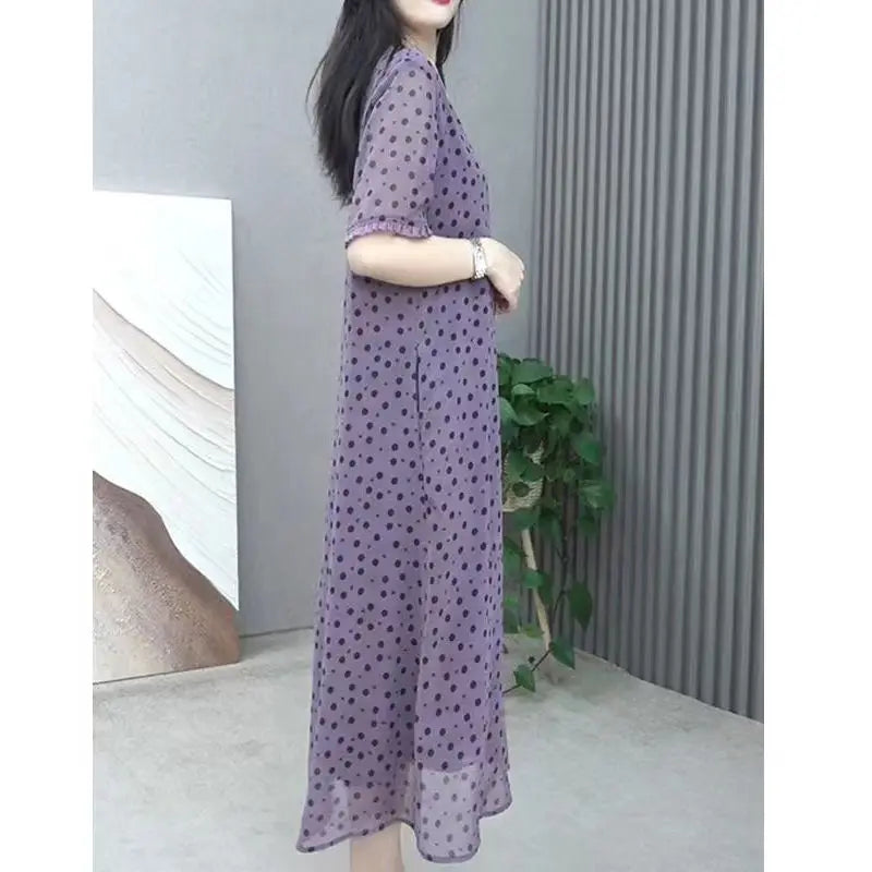Elegant O-Neck Printed Polka Dot Chiffon Short Sleeve Dress Women's Clothing 2024 Summer New Loose Office Lady Midi Dress