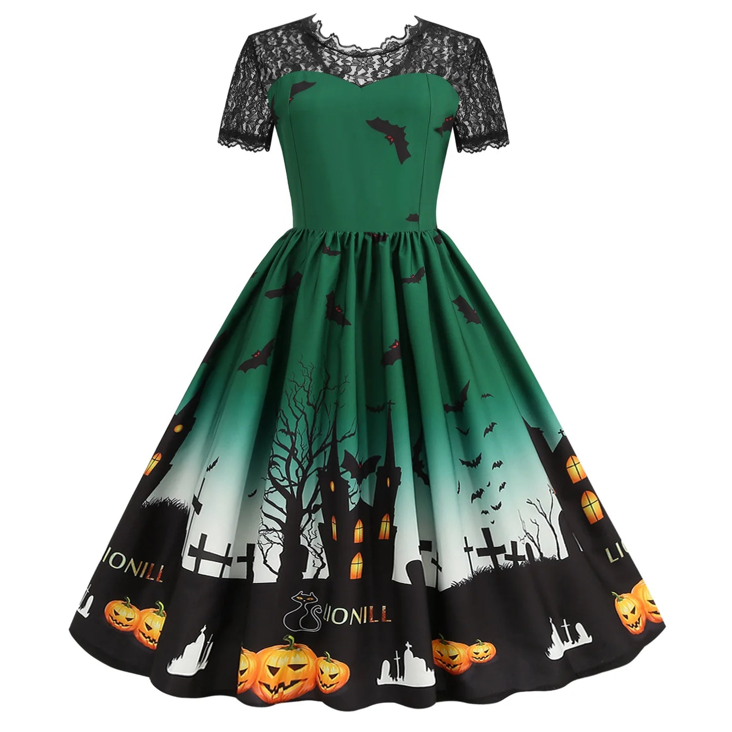 Halloween Gothic Dress Costume - Women's Retro Lace round Neck Short-Sleeved Printed Maxi Dress for Cosplay Party