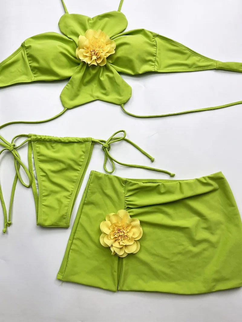 Neck Bikini with Skirt 3D Flowers Halter Bikini Female Swimsuit Women Swimwear 3 Piece Bikini Set Bather Bathing Suit Swim