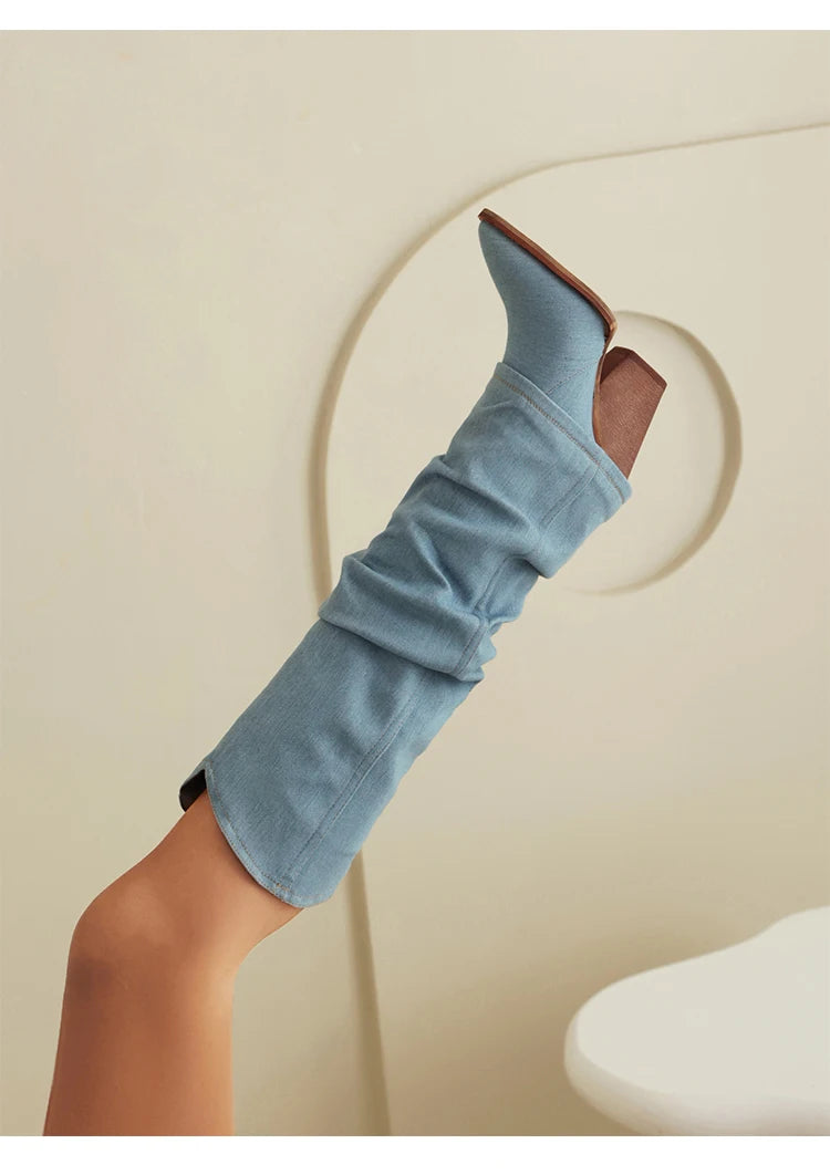 Turned-Over Edge Denim Fashion Sleeve For Women's Knee High Boots Super High Wood Grain Tapered Thick Heel New Winter Boots