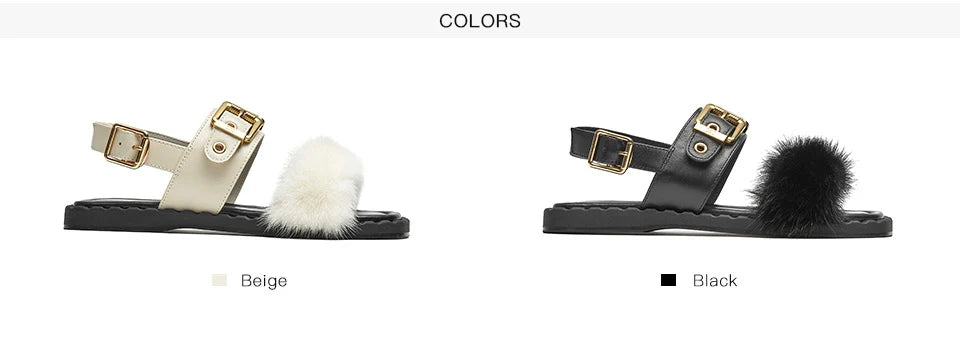 BeauToday Flat Sandals Women Cow Leather Square Toe Mink design Buckle Strap Elegant Female Furry Shoes Handmade 32372