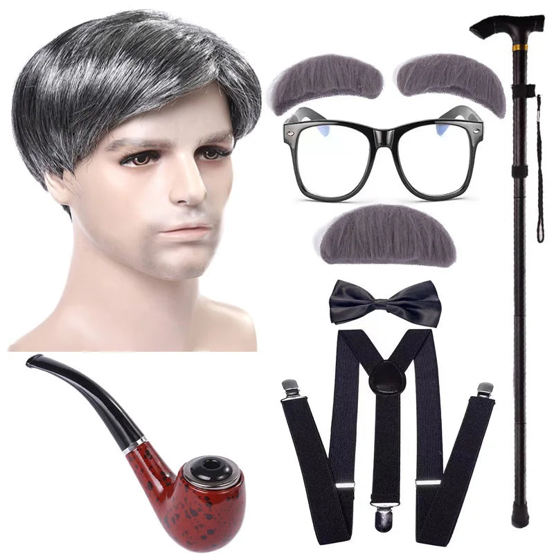 Halloween Children's Day Kids 100 Days Of School Costume For Boy Grandpa Vest Wig And Beard Granny Dress Up Props Carnival Party