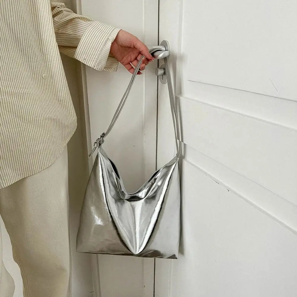 PU Top-Handle Handbag Luxury Designer Bag for Women Fashion Shopping Bag High Capacity Silver Gold Casual Leather Tote Bag