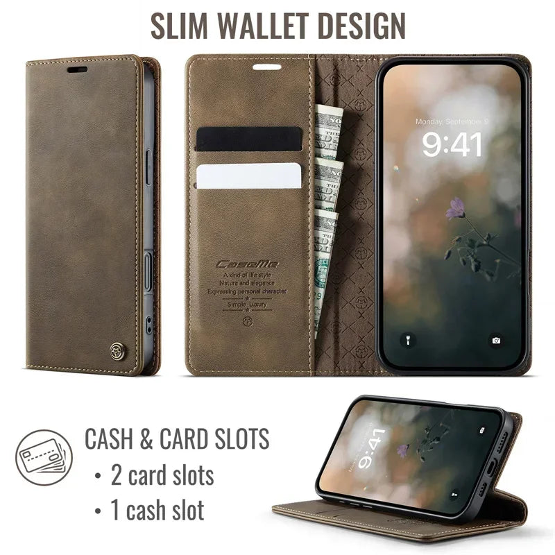 Magnetic Leather Wallet Card Phone Case For iPhone 17E 17 Air 16E 16 Pro Max 15 Plus 14 13 12 11 Flip Wireless Charging Cover