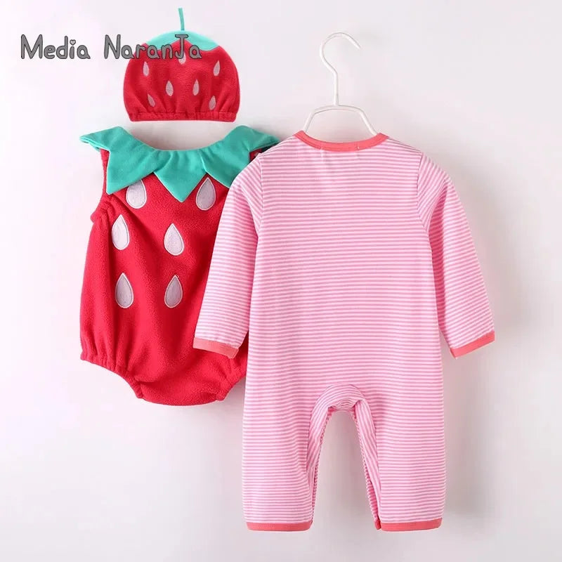Baby girl outfit strawberry costume full sleeve romper+hat+vest infant halloween festival purim photography clothing