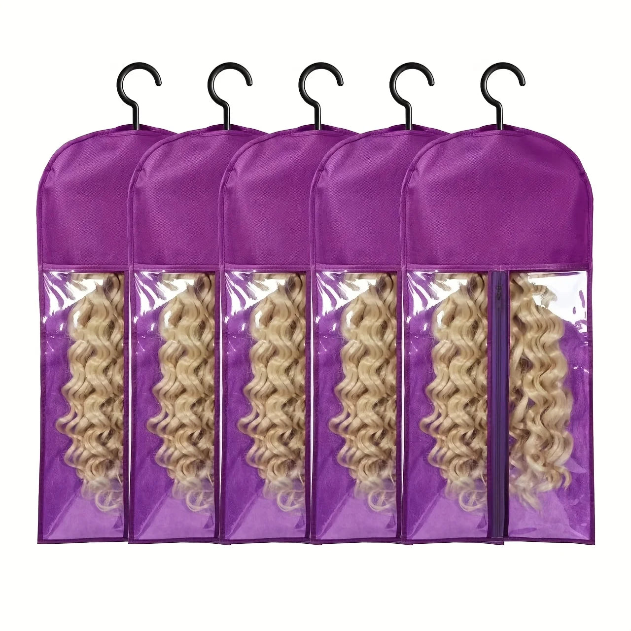 6pcs Long Hair Extensions Storage Bag Non-Woven Dust Proof Wigs Carrier Bags With Plastic Hanger For Home Salon Organizer