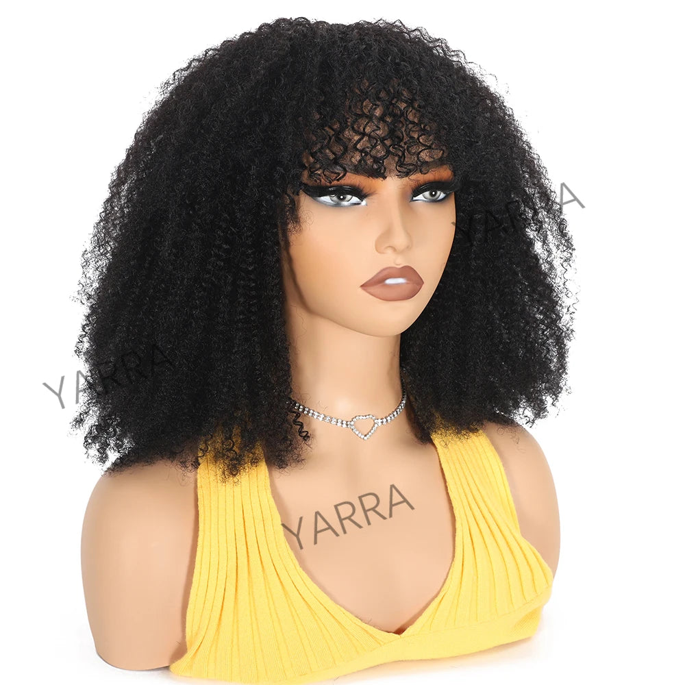 180 250 Density Afro Kinky Curly Human Hair Wigs With Bang For Black Women Brazilian 100% Human Hair Remy Full Machine Made Hair