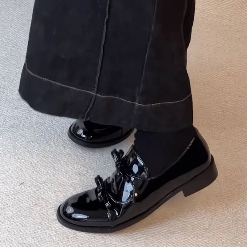 Preppy Double Bowtie Oxfords Woman Low Heels Flats Shiny Small Leather Shoes Ladies College Girls Sneakers Femmes Derby Loafers