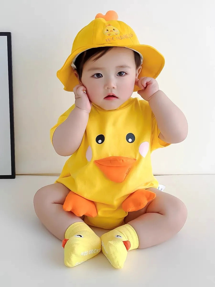 Infant Baby Clothes Adorable 3D Duck Girl Boy Romper Summer Lightweight 100% Cotton Jumpsuit w/ Hat & Socks Role Play Costume