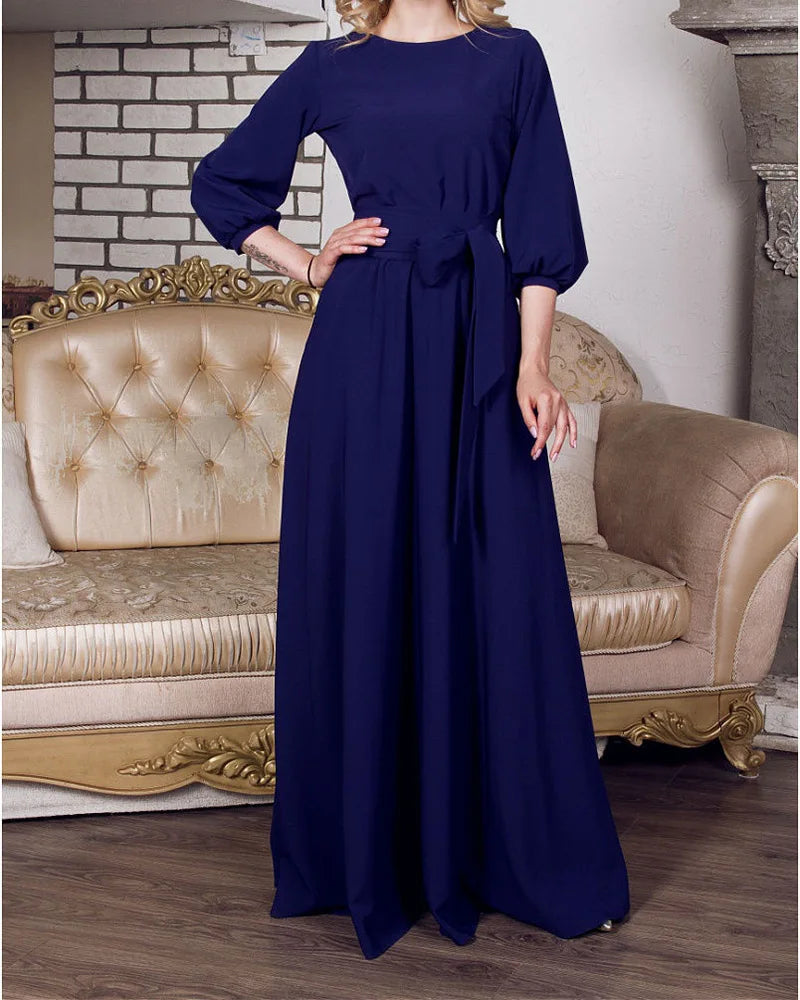 Bohemian Long Summer Dress Casual Lantern Sleeve round Neck Dress Polyester Fiber Mid Waist Print Patchwork Urban Casual Style