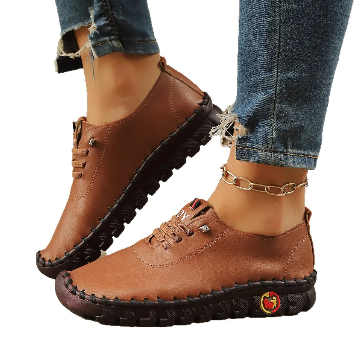Casual Hand Sewn Women's Single Shoes Soft Bottom Cow Tendon Autumn New Style Comfortable Breathable Wear Resistant Mom Shoes