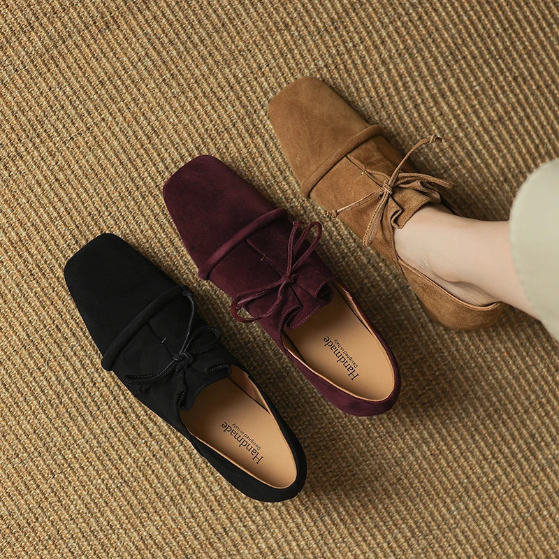 2025 New Women Pumps Sheep Suede Leather Shoes for Square Toe Low Heel Shoes Casual Lace-up Handmade Shoes 34-42 Women Heels
