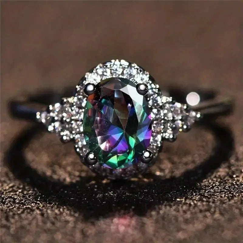 925 Sterling Silver Elliptical Colorful Zircon Elegant Sense Exquisite Vacation Style Ring Trendy  Bridal Wedding Accessories