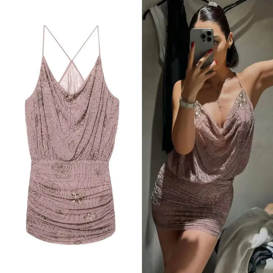 Sequin Rhinestone Woman Summer Dress Short Prom Backless Mini Dresses  V-Neck Halter Tops Mini Dress Pink Pleated Ladies Clothes