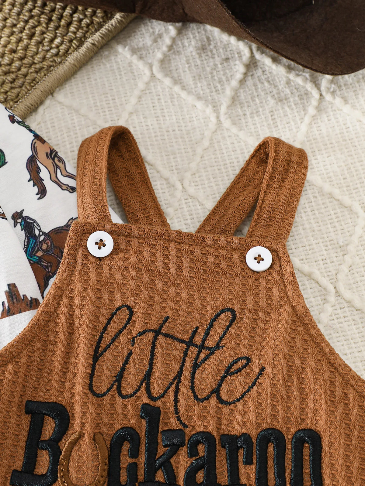 Baby Boy's American Retro Western Two-Piece Set | Tribal Cowboy All-Over Print Romper + "Little Buckaroo" English Waffle Knit Overalls, Cute and Cool, Comfortable Autumn Outfit