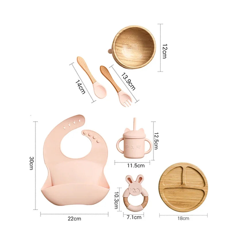 7pcs Silicone Baby Feeding Set Baby Feeding Supplies Kids Bamboo Dinnerware With Cup Children's Dishes Bowl Stuff Tableware Gift