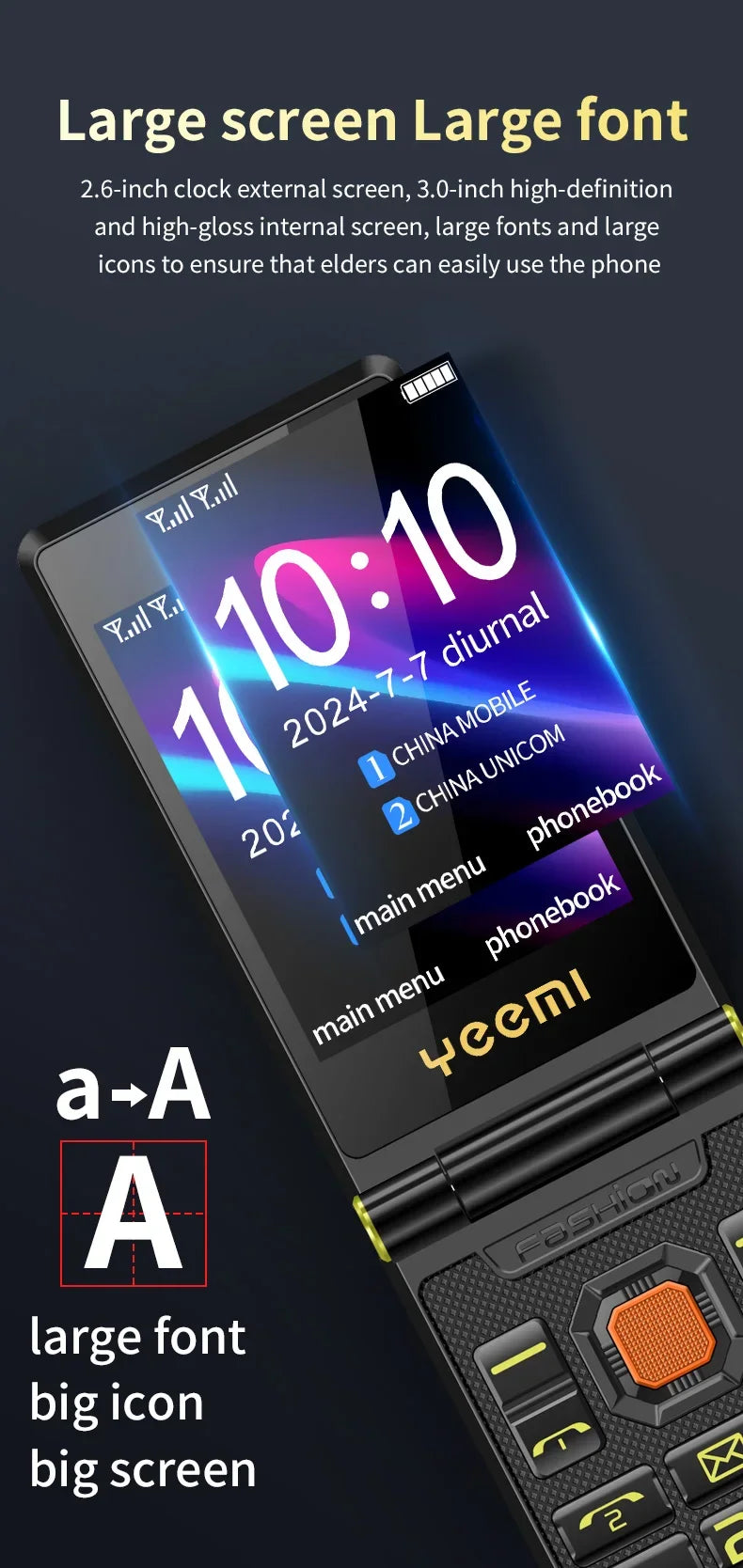 YeeMI M7 2G Rugged Feature Phone Dual SIM Dual Screen Large Fonts For Old Man 6800mAh Cellphone FM Radio SOS Russian Version