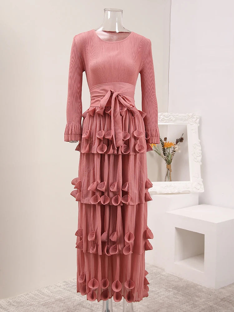 LANMREM Pleated Appliques Long Dresses For Women Round Collar Lace-up Full Sleeve Evening Party New 2025 Lady Dress 32S1173