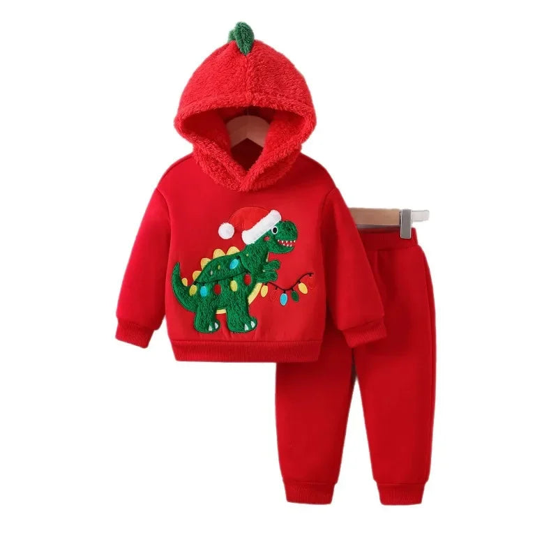 Newborn Baby Red Dinosaur Romper 2-Piece Set Hooded Bodysuit Jumpsuits One-pieces Christmas Toddler Outfits