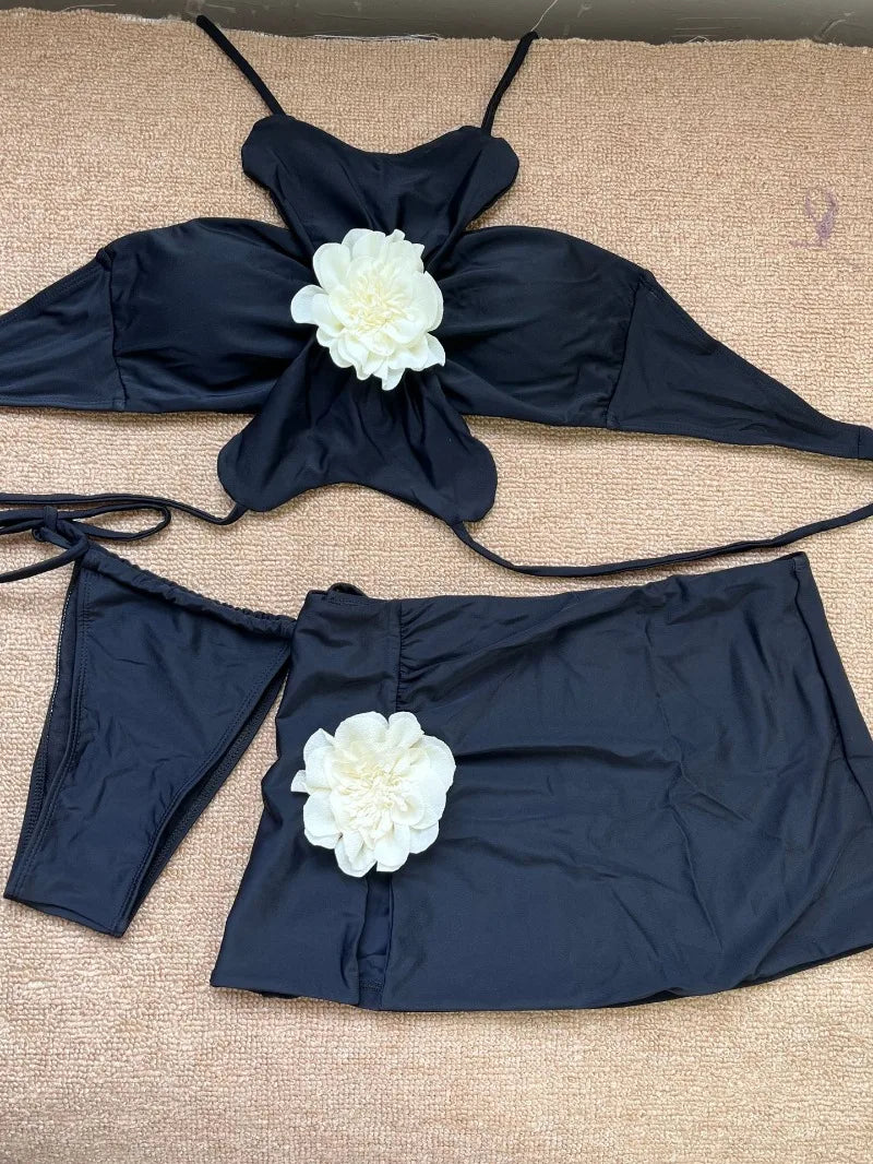 Neck Bikini with Skirt 3D Flowers Halter Bikini Female Swimsuit Women Swimwear 3 Piece Bikini Set Bather Bathing Suit Swim