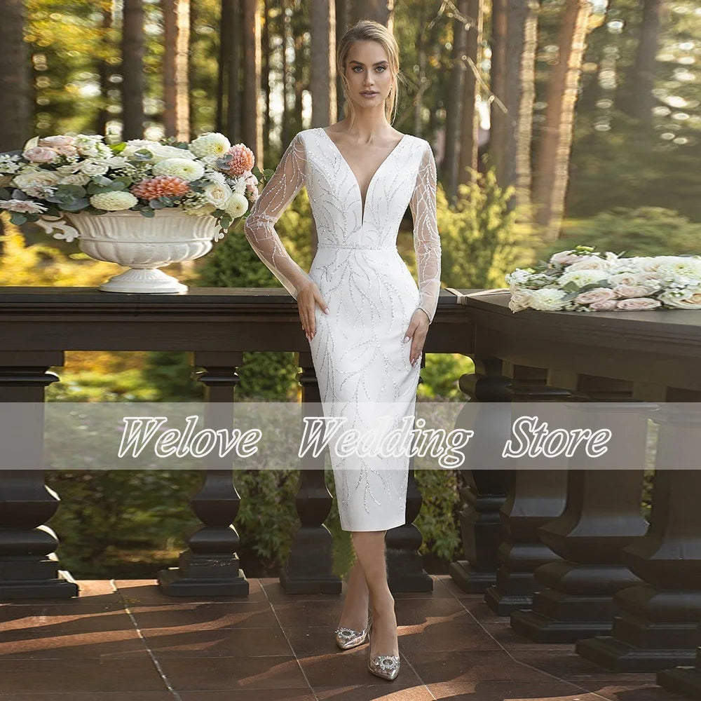 Sheath Tea Length Wedding Dress Civil With Illusion Long Sleeves V Neck Glitter Sequin Custom Bridal Gown For Woman Zipper Back