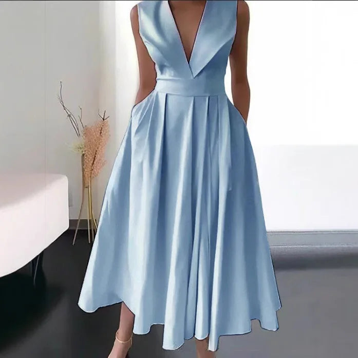 Hot Sale Of The Season New Women's Midi Dress Sleeveless Waist Cinched Large Flounce Pure Color Pocket Insertion Cross-Border...