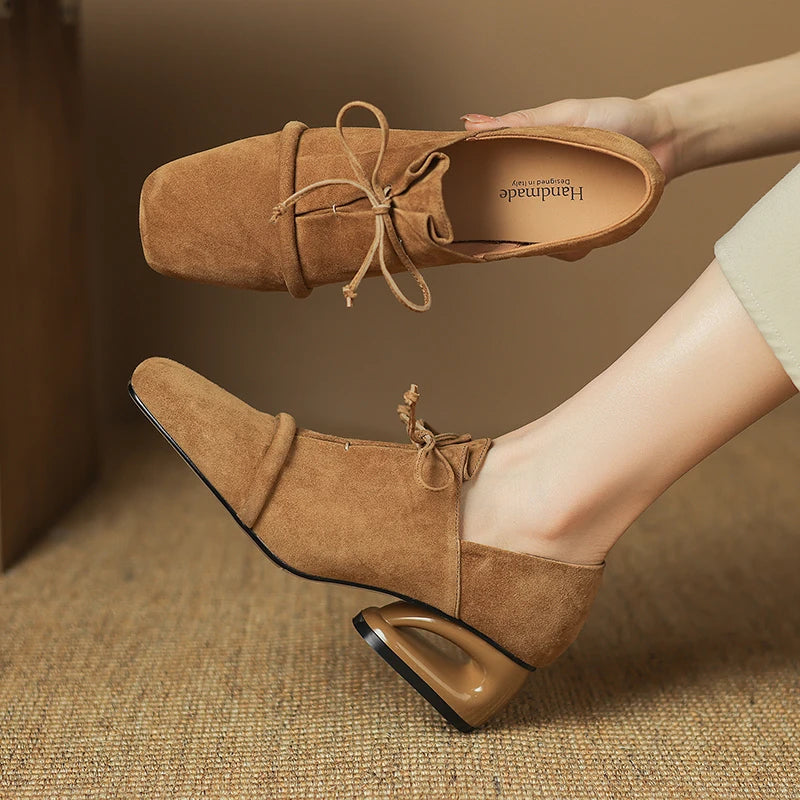 2025 New Women Pumps Sheep Suede Leather Shoes for Square Toe Low Heel Shoes Casual Lace-up Handmade Shoes 34-42 Women Heels