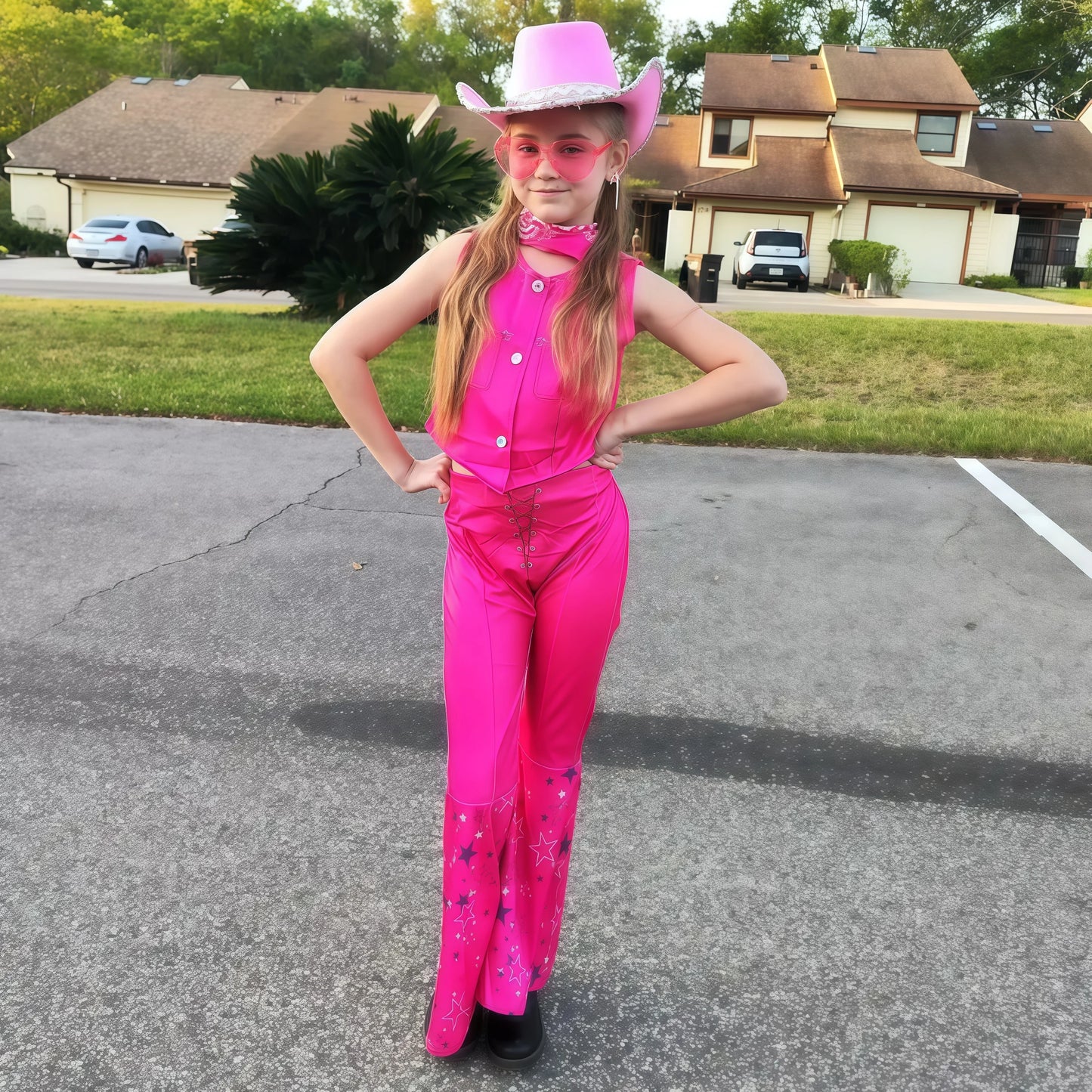 Girls Margot Movie Cospaly Costume Pink Vest Top And Flared Trousers For Kids Barbe Halloween Birthday Party Carnival Outfits