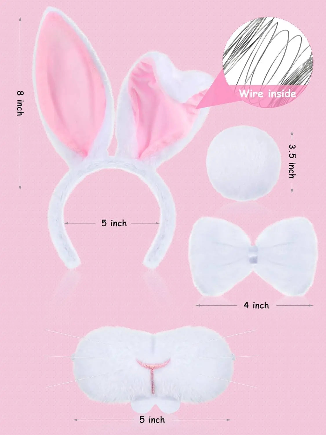 Halloween Bunny Costume Accessories Set Bunny Nose Tail Tie and Ears for Boys Girls Halloween Party Cosplay
