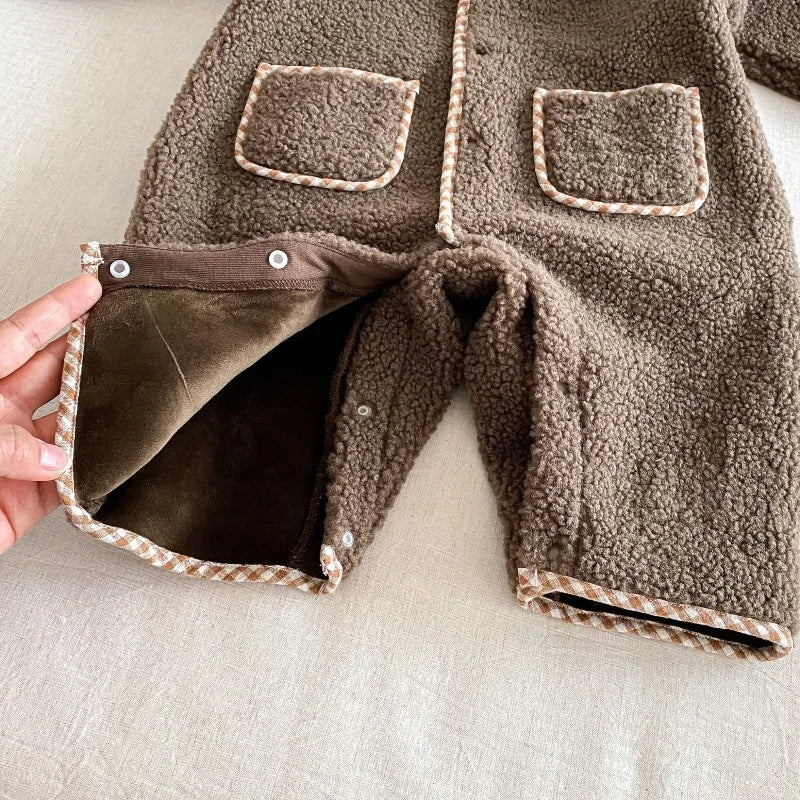 New Autumn Winter Baby Girl Boy Romper with Bunny Hat Cute Pocket Design Warm Infant Long Sleeve One-Piece Jumpsuit B5066