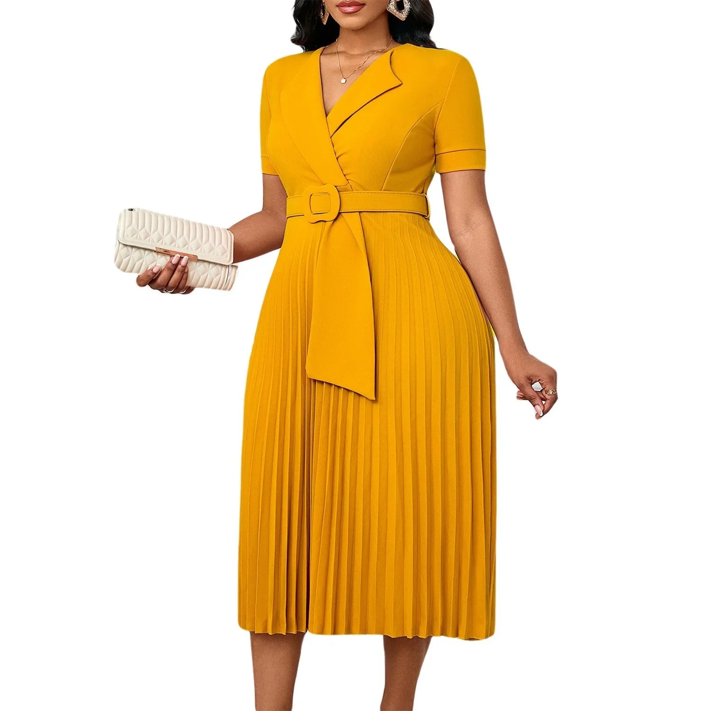 Sexy Short Sleeve V-Neck Elegant African Pleated Dress High Waist Midi Dress Fashionable Atmosphere Casual Elegant Style