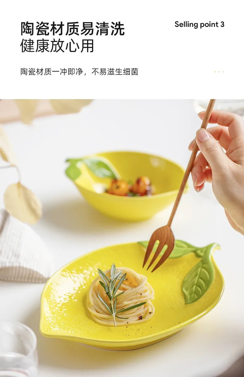 Creative Cartoon Lemon Shaped Ceramic Salad Bowl Soup Bowl Family Fruit Snack Plate Kitchen Utensils Accessories