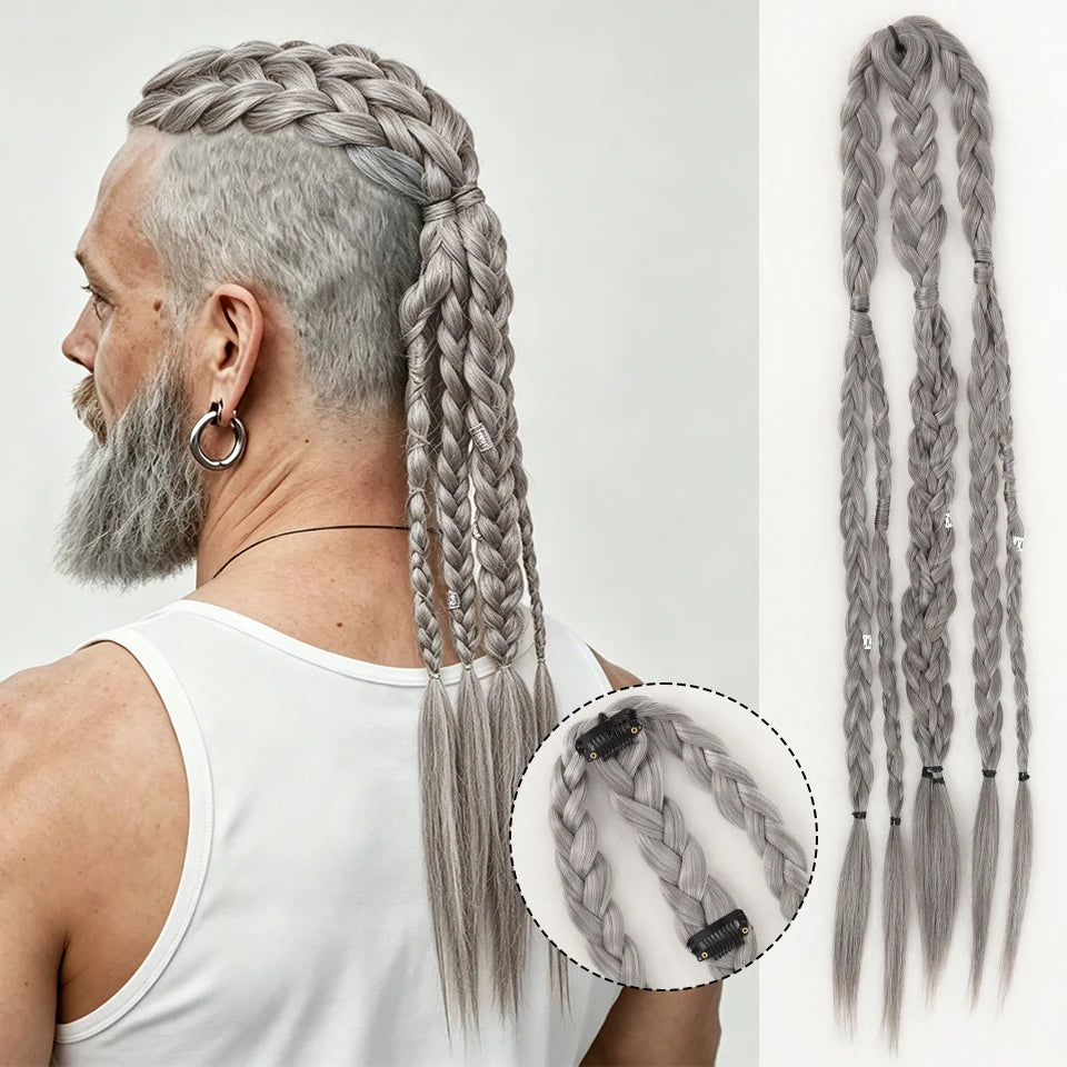 Long Braided Ponytail Extension Synthetic Twist Box Braids Pony Tail Hairpieces with Hair Ring Elastic Tie for Men Daily Party