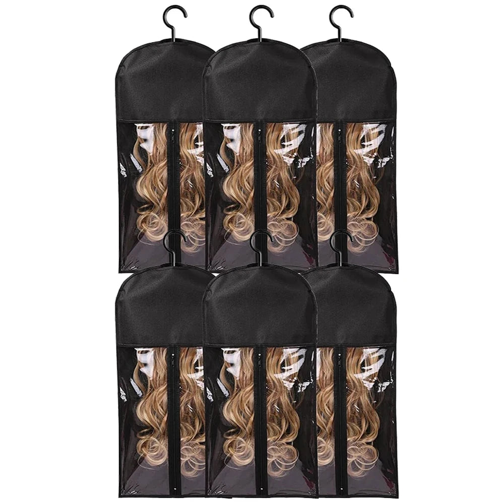 6pcs Long Hair Extensions Storage Bag Non-Woven Dust Proof Wigs Carrier Bags With Plastic Hanger For Home Salon Organizer