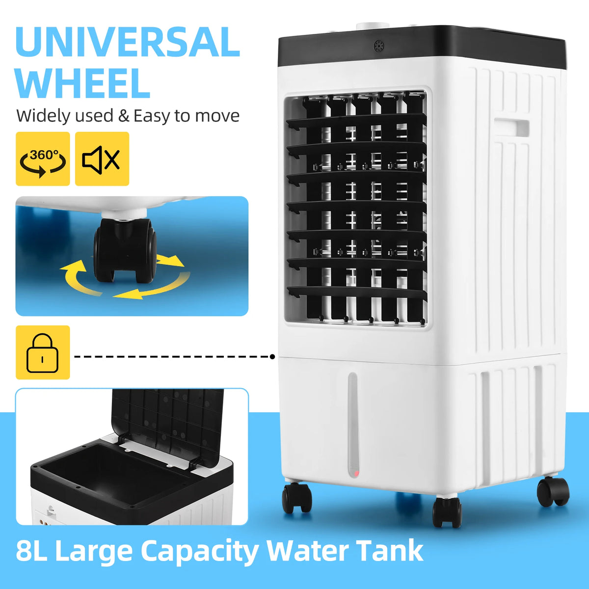 Evaporative Air Cooler 100° Oscillation Swamp Cooler with Remote Control / 2 Ice Boxes / 2.11 Gal Water Tank 1-7H Timer