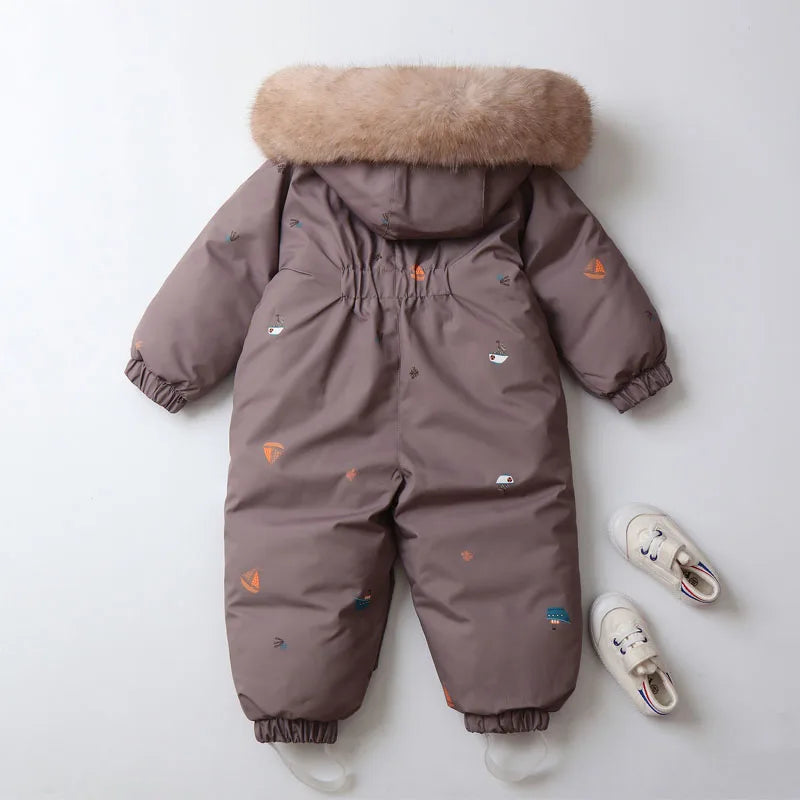 Baby Hooded One‑Piece Snowsuit Faux Fur Trim Windproof Waterproof Animal Print Warm Winter Zipper Jumpsuit Romper For Boys Girls
