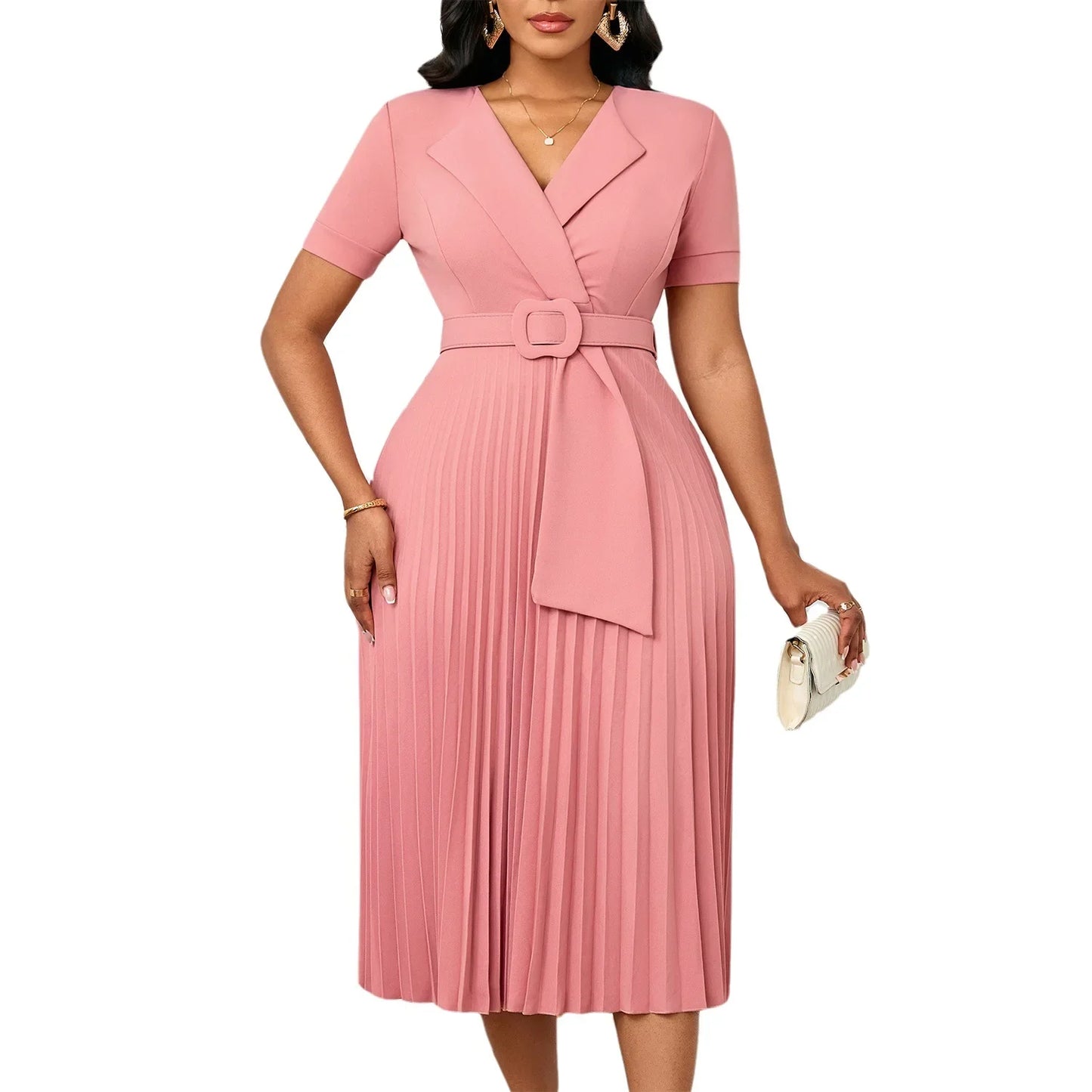 Sexy Short Sleeve V-Neck Elegant African Pleated Dress High Waist Midi Dress Fashionable Atmosphere Casual Elegant Style