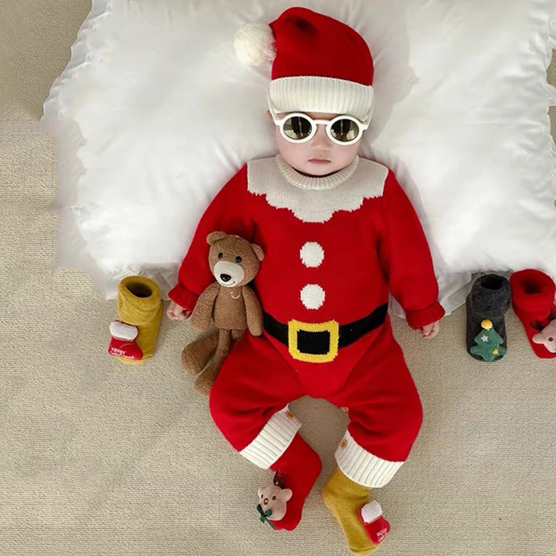 Infant Christmas Outfits Baby Romper Clothes Winter Red Santa Claus Knitted Newborn Infant Boy Girl Christmas Gift Jumpsuits+Hat