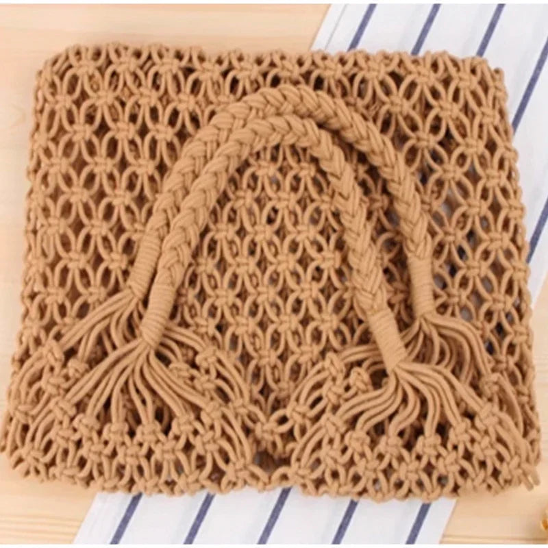Fashion Crochet Bags for Women Summer Beach Tote Bag Raffia Aesthetic Totes Straw Handbag Bohemian Boho Woven Knit Shoulder Bag