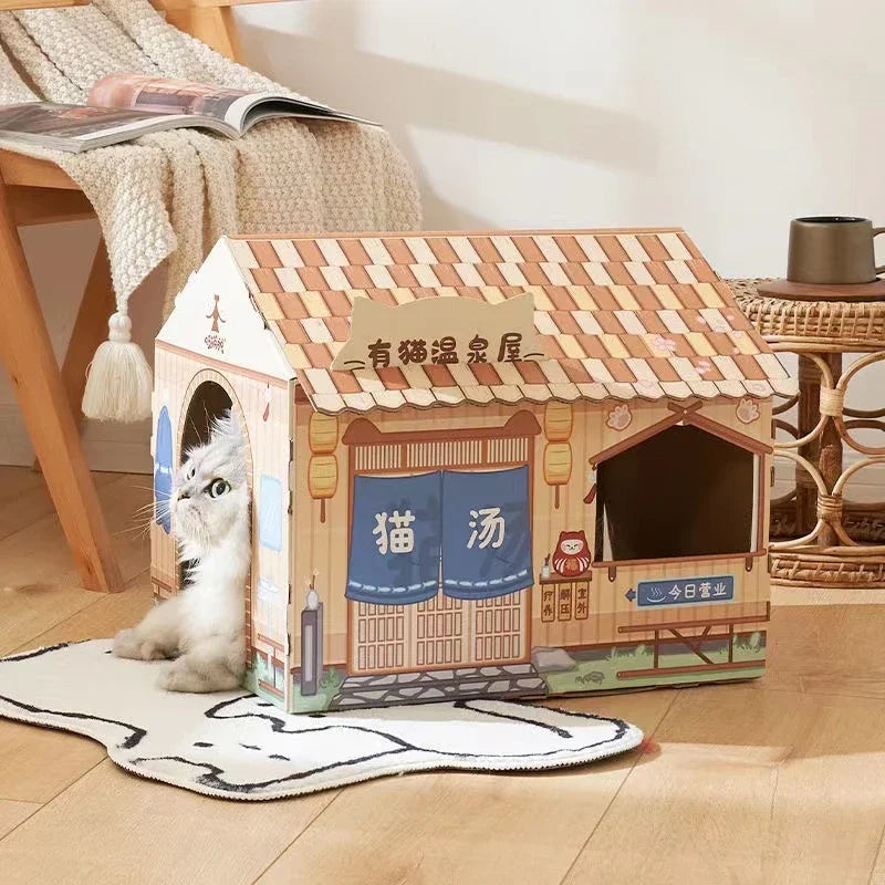 Removable Cat House Corrugated Stratching Post Toy Scratcher Cardboard Scraper for Cats Kitten Scratch Sleeping Bed