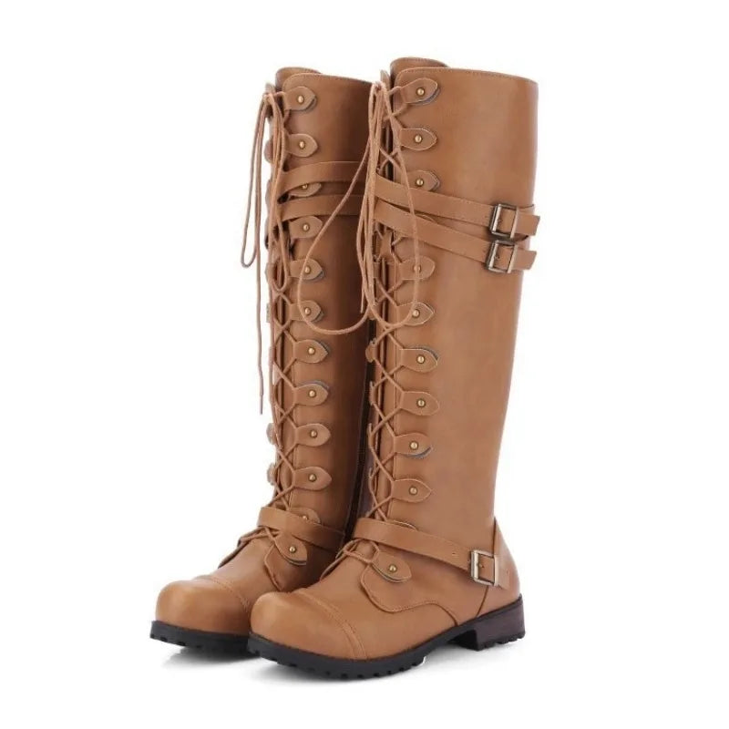 New Fashion Women Knee High Boots Brand Lace Up Platform Shoes Sexy with Buckle PU Retro Buckle Luxury Shoes Designer Snow Boots