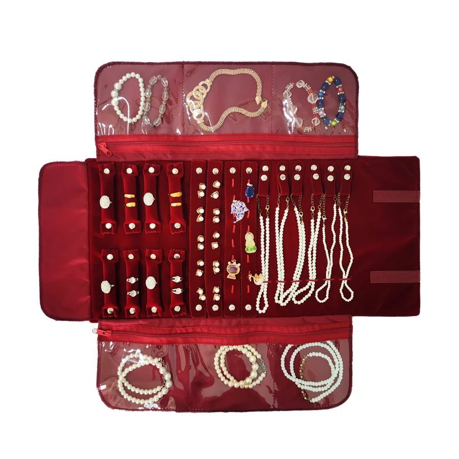 Burgundy Velvet Jewelry Roll Bag Portable Foldable for Necklace Earrings Ring Travel Exhibitions Organizer Storage Bag