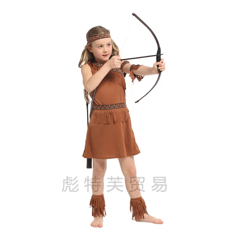 Halloween Kids Indian Cosplay Performance Costumes Primitive Activity Costumes Dress +Headdress+Waistband+Armband+Shoe covers