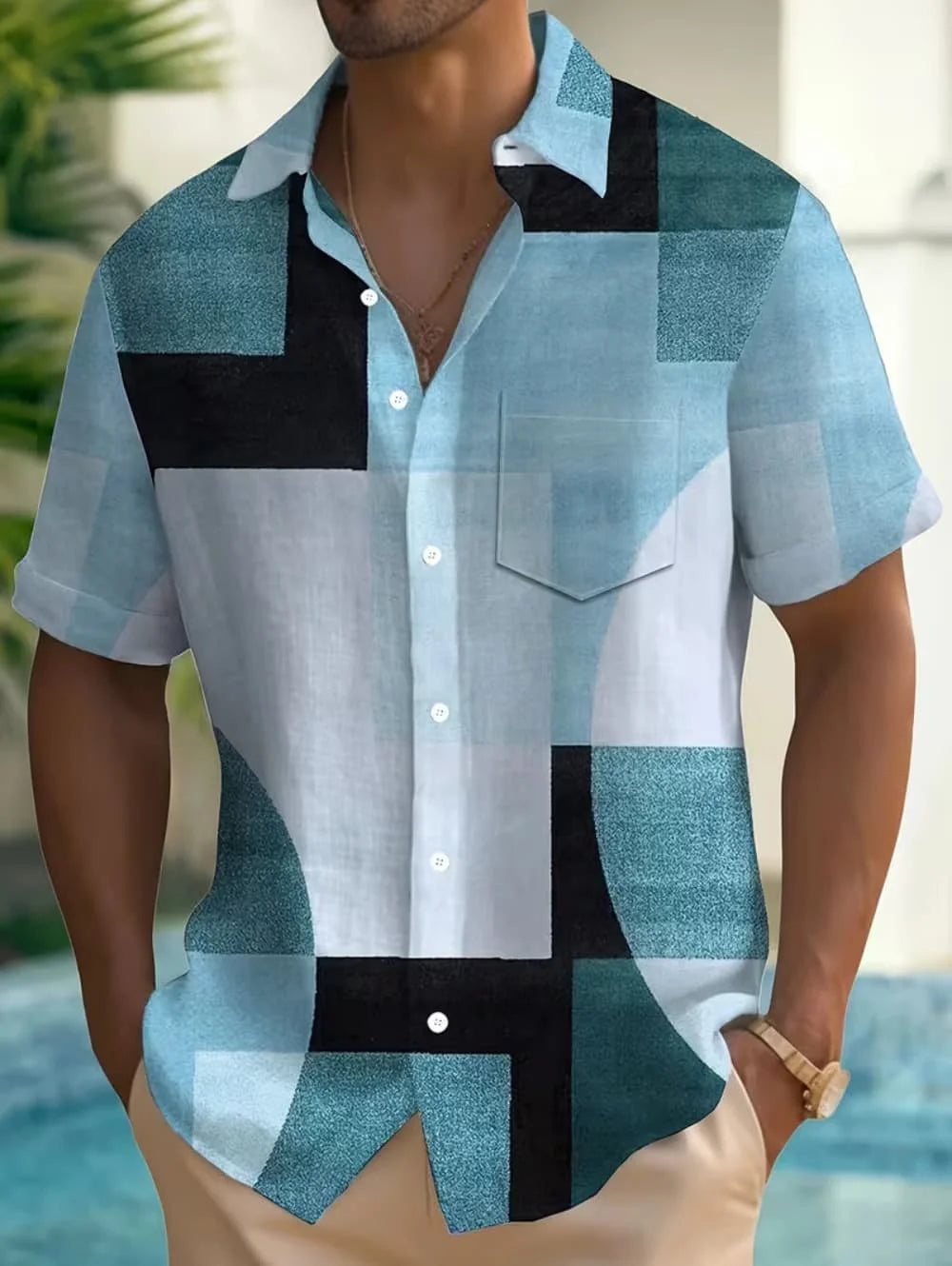 Men's Shirt Geometric Grid 3D Print Short Sleeve Shirts Summer Hawaiian Shirt Casual Outdoor Vacation Lapel Shirt Men's Clothing