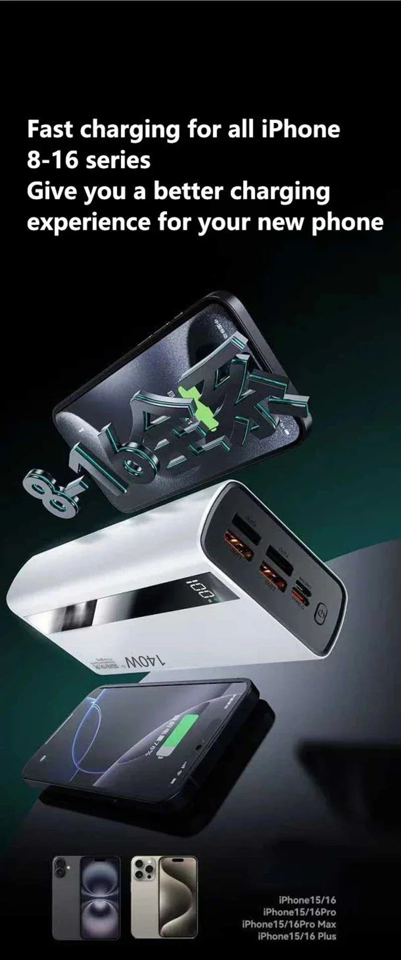 Lenovo CCC 500000mAh 140W Powerbank Super Fast Charging Portable Battery Charger Ultra Capacity LED Digital Display