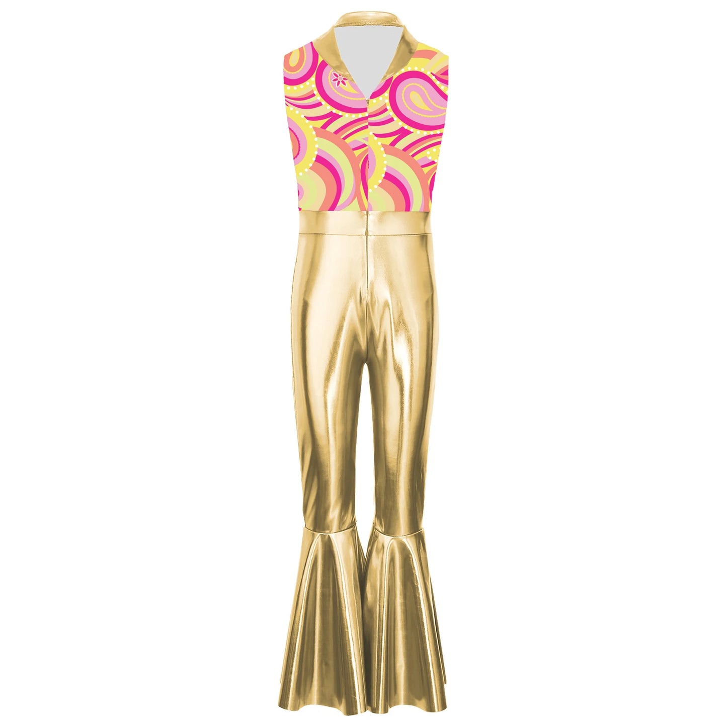 Children Boys 70-80s Disco Hippie Cowboy Costume Metallic Shiny Zipper Bell-bottom Jumpsuit for Halloween Carnival Cosplay Party
