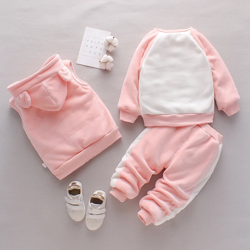 Kids Girls 3 Piece Fleece Lined Patchwork Cat Hoodie Vest Paw Pant Suit Children Warm Winter Set 80-120