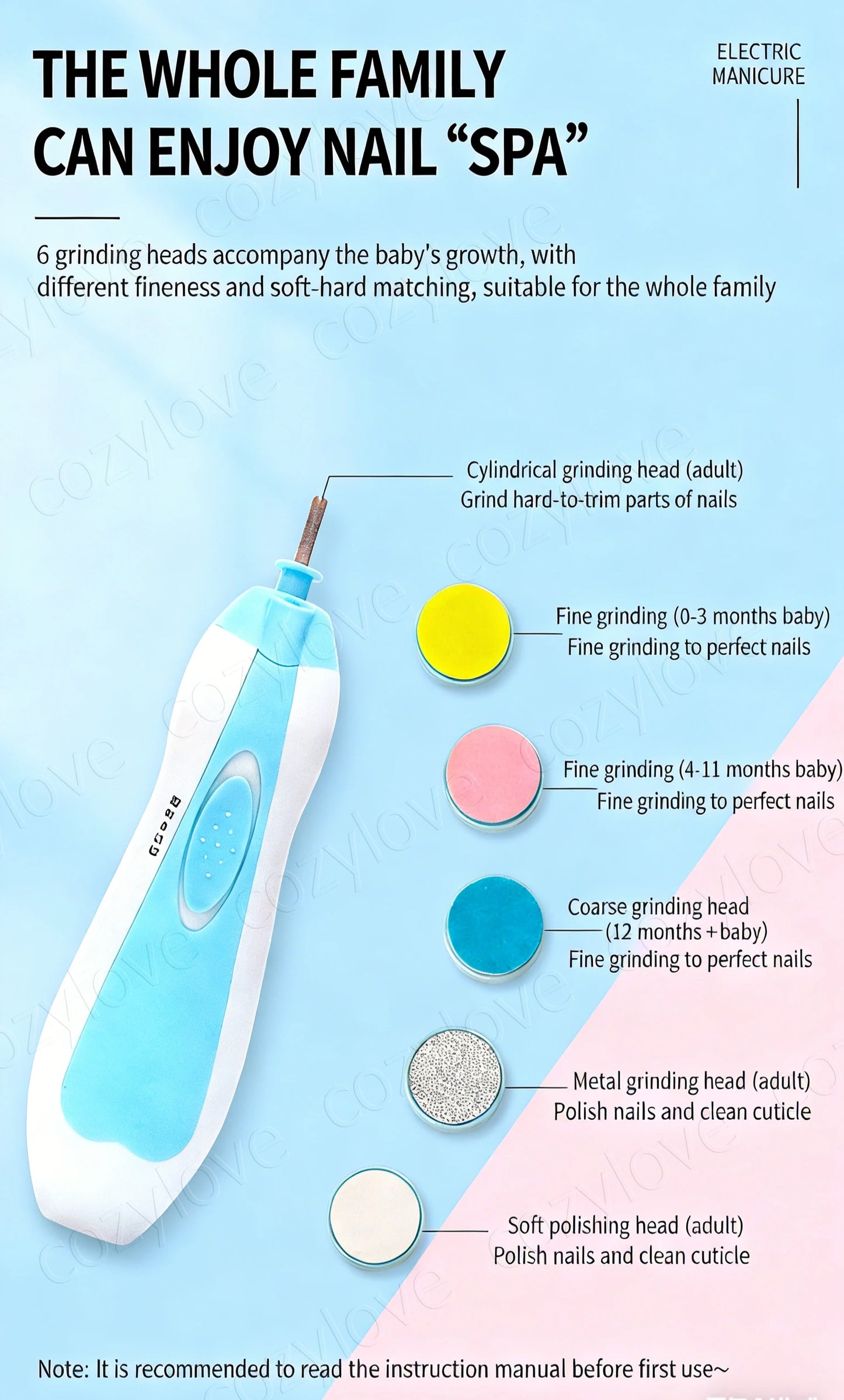 Electric Baby Nail Trimmer Set with 6 Grinding Heads | Safe Infant Nail File for Newborns & Toddlers, 4 Color Options